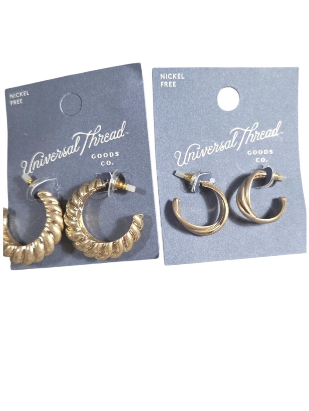 2 Prs New Universal Thread Gold Textured & Twisted Hoop Earring Set